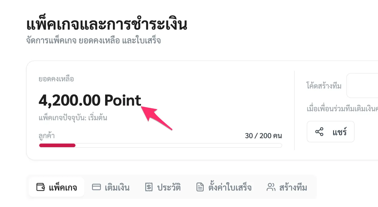 ยอดคงเหลือและแพ็คเกจปัจจุบัน