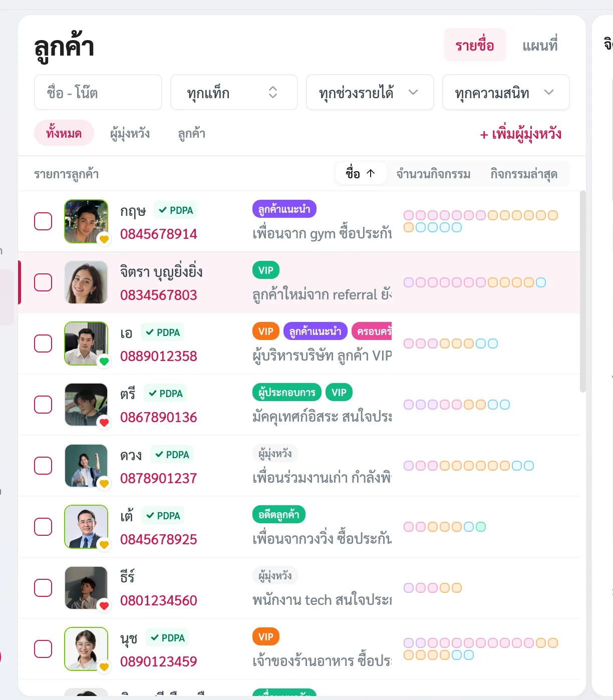 หน้ารายชื่อลูกค้า